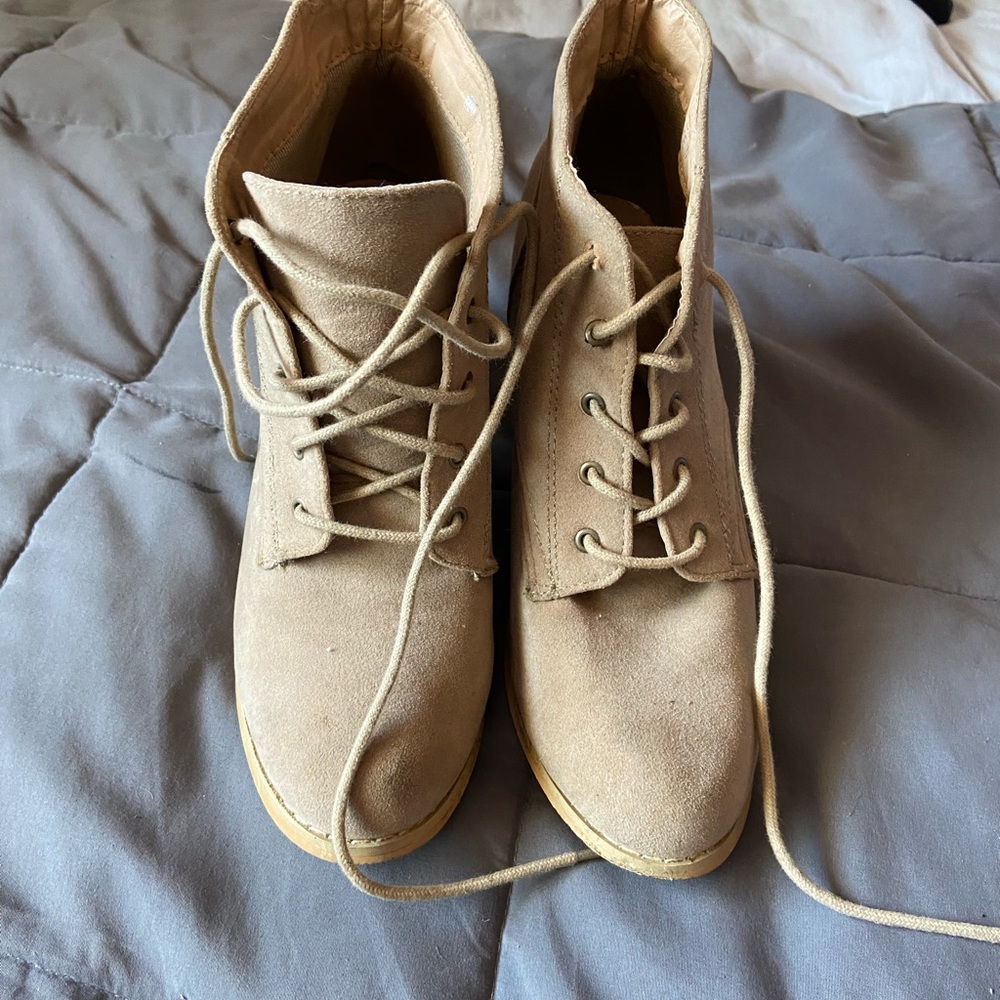 Tan lace up heeled booties